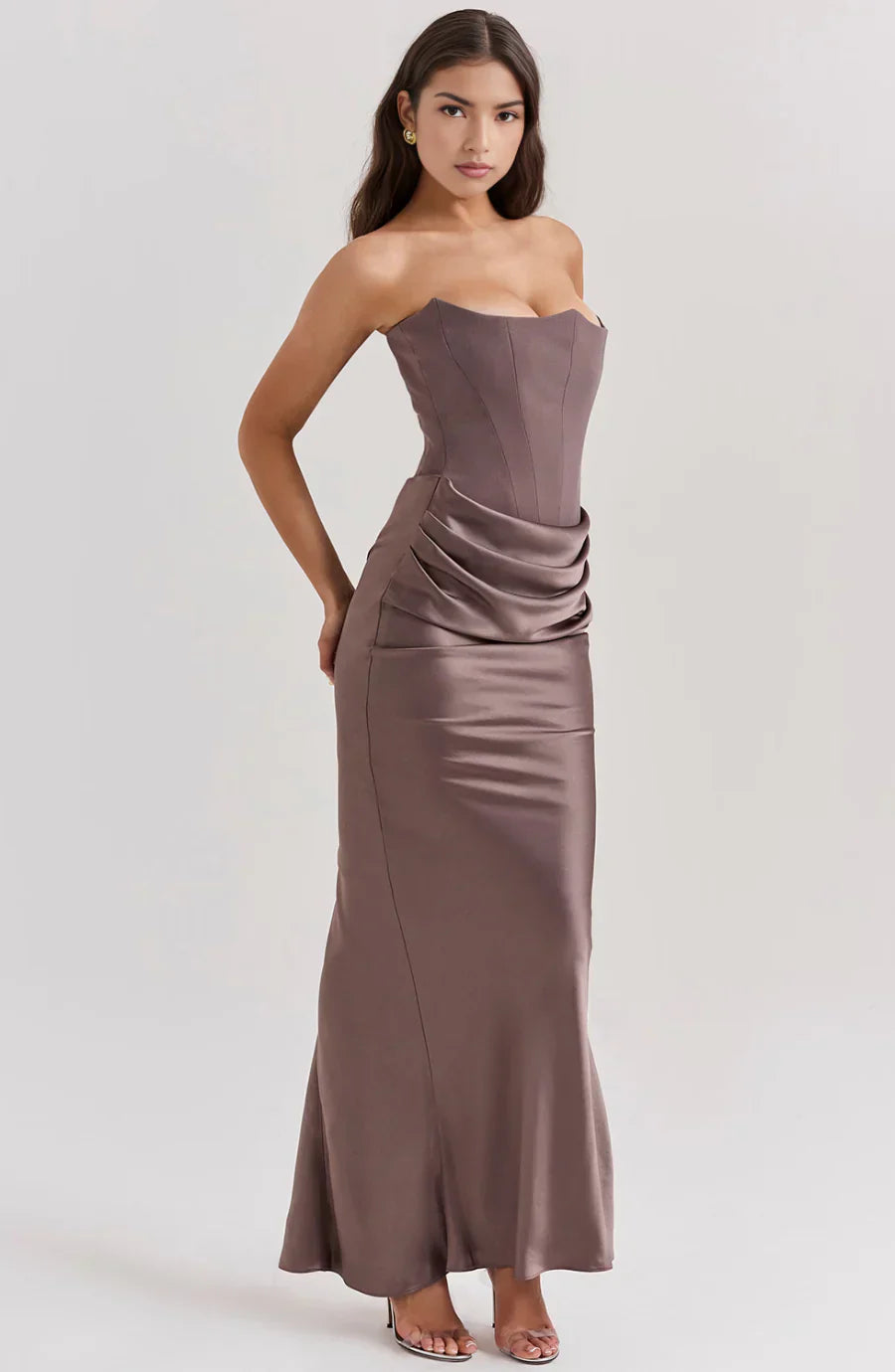 Strapless Elegant Maxi Dress (Brown)