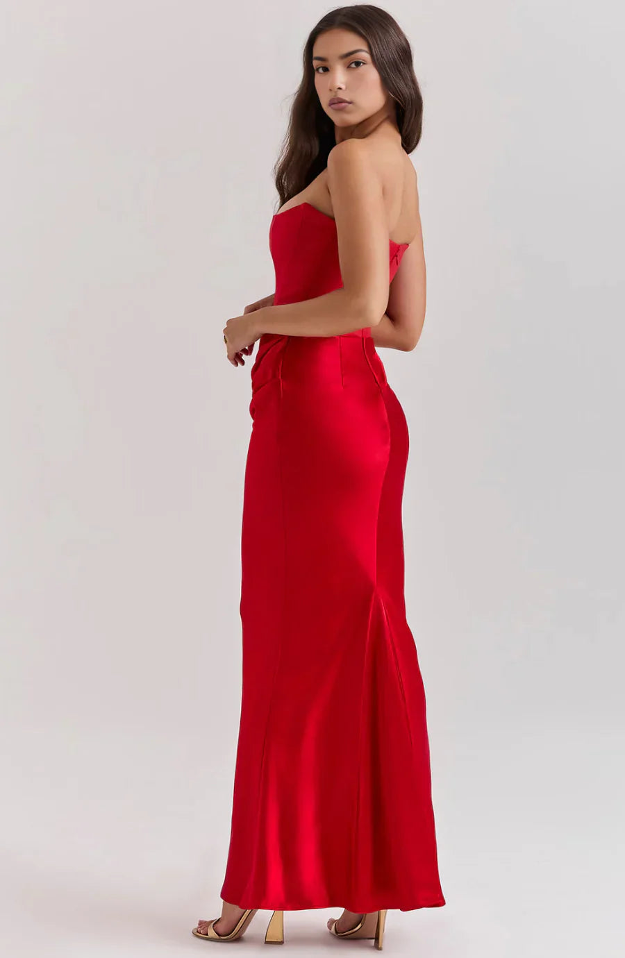 Vestido largo elegante sin tirantes (rojo)